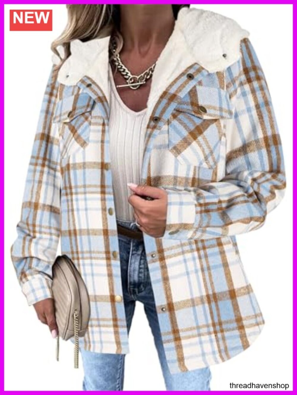 Plaid Sherpa Lined Hooded Shacket Jacket Fall Winter Warm Coat